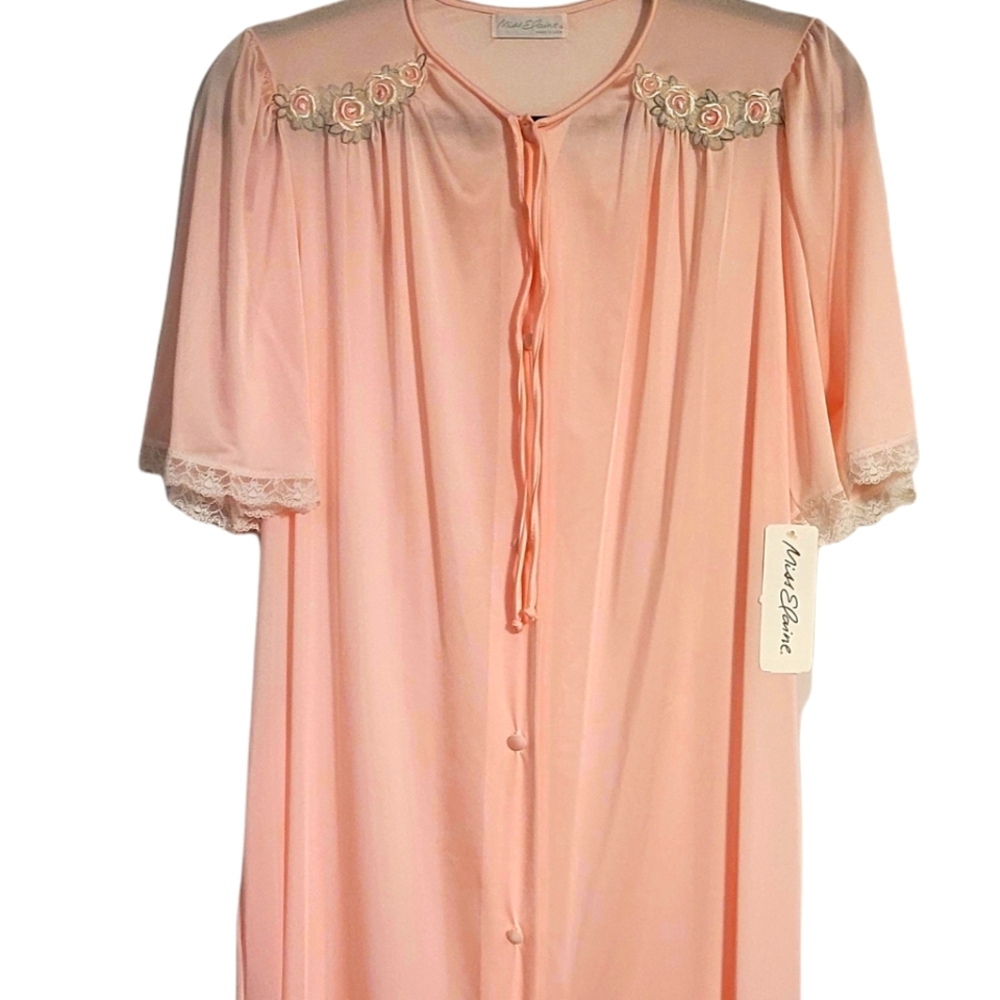 NWT VTG MISS ELAINE Satin Pink Button Up Sheer Lace Short Sleeve Robe